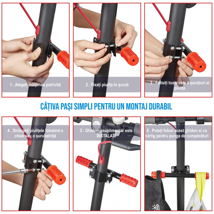 Maner ghidon suplimentar trotineta, scuter, 23 cm, reglabil, mansoane din silicon, ghidon de copil pentru trotineta, Ideas4Comfort, rosu [7]