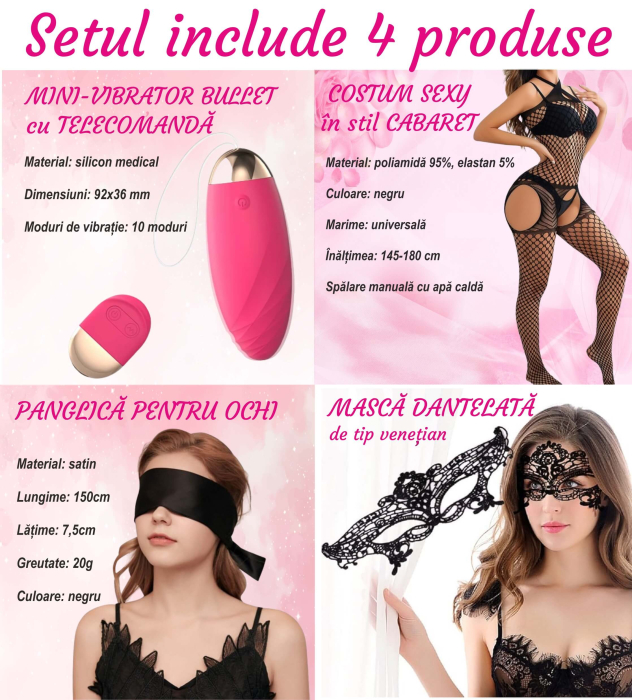 Mini vibrator Erotic Bullet 8 cm din silicon medicinal, cu 10 moduri de vibratii, reincarcabil USB, rezistent la apa, jucarie sexuala femei, cupluri, cu masca dantelata, panglica de ochi, lenjerie [9]