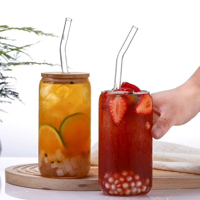 Pahar sticla 500 ml cu capac bambus, pai si suport pluta [8]