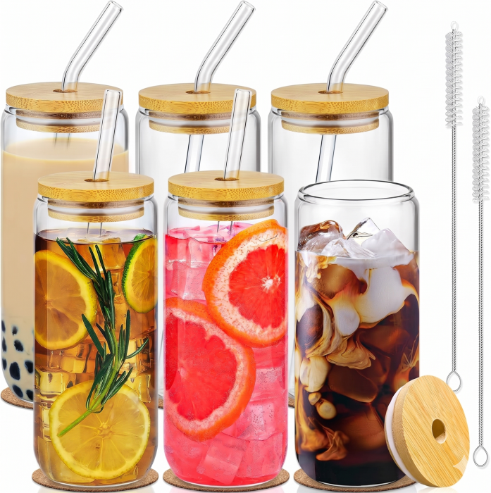 Pahar sticla 500 ml cu capac bambus, pai si suport pluta [6]