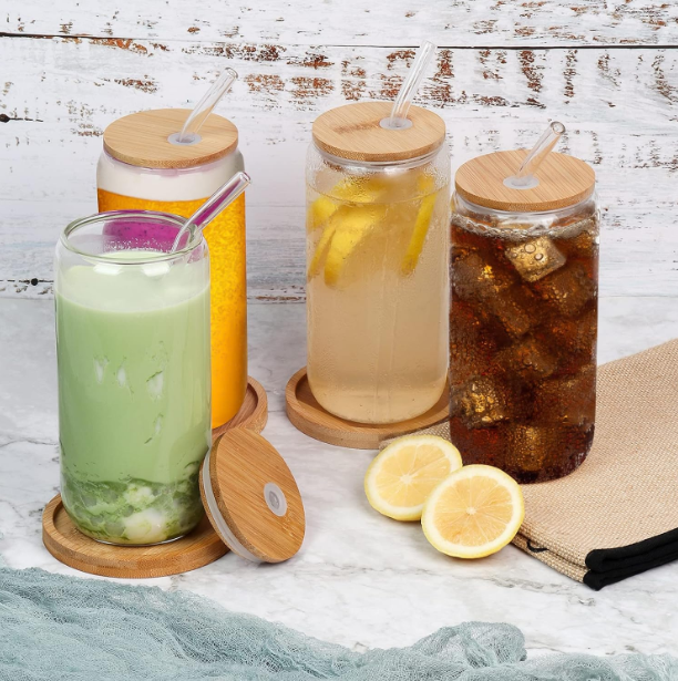 Pahar sticla 500 ml cu capac bambus, pai si suport pluta [17]