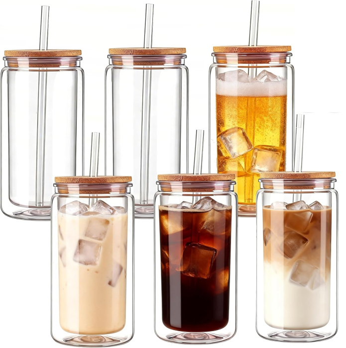 Pahar cu perete dublu 500 ml, capac bambus, 2 paie sticla [2]