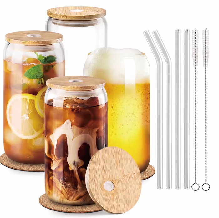 Pahar sticla 500 ml cu capac bambus, pai si suport pluta [4]