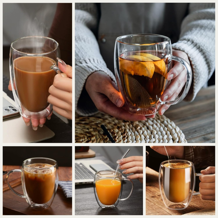 Pahar cu perete dublu cu maner 150 ml, din sticla borosilicata premium termorezistenta, design modern, cana transparent cafea, cappuccino, ceai, suport din pluta inclus, transparent [5]