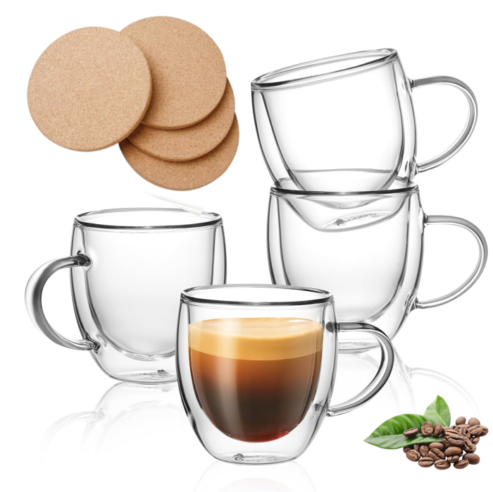 Pahar cu perete dublu cu maner 150 ml, din sticla borosilicata premium termorezistenta, design modern, cana transparent cafea, cappuccino, ceai, suport din pluta inclus, transparent [1]