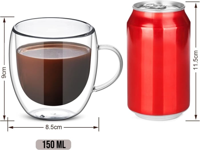 Pahar cu perete dublu cu maner 150 ml, din sticla borosilicata premium termorezistenta, design modern, cana transparent cafea, cappuccino, ceai, suport din pluta inclus, transparent [2]