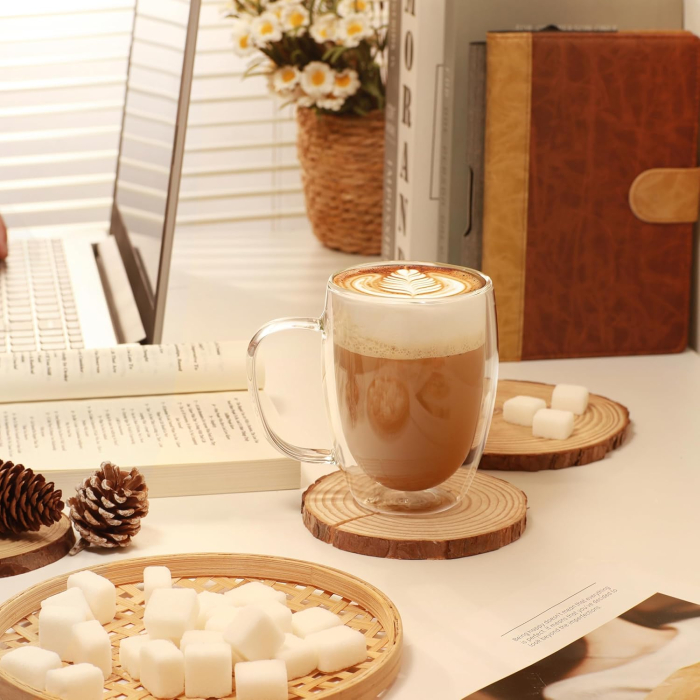 Pahar cu perete dublu cu maner 150 ml, din sticla borosilicata premium termorezistenta, design modern, cana transparent cafea, cappuccino, ceai, suport din pluta inclus, transparent [4]