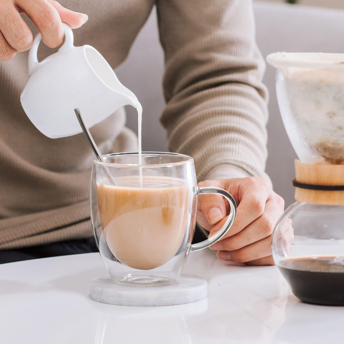 Pahar cu perete dublu cu maner 150 ml, din sticla borosilicata premium termorezistenta, design modern, cana transparent cafea, cappuccino, ceai, suport din pluta inclus, transparent [3]