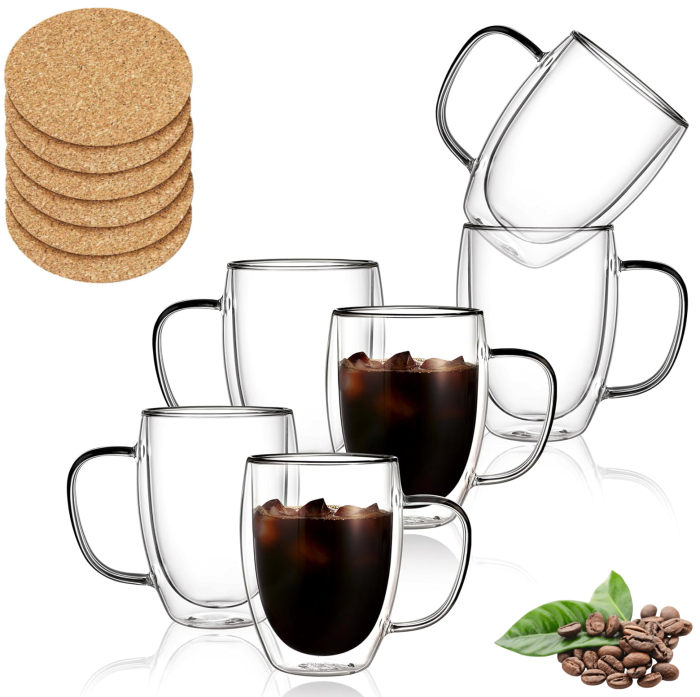 Pahar cu perete dublu cu maner 150 ml, din sticla borosilicata premium termorezistenta, design modern, cana transparent cafea, cappuccino, ceai, suport din pluta inclus, transparent [1]