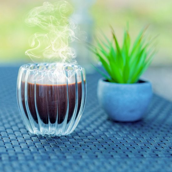 Pahar perete dublu 250 ml, cu striatii, din sticla borosilicata premium termorezistenta, design modern, cana transparent cafea, cappuccino, ceai, suport de pluta inclus, transparent - Copie [3]