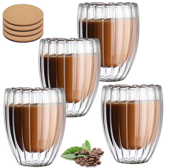 Pahar perete dublu 250 ml, cu striatii, din sticla borosilicata premium termorezistenta, design modern, cana transparent cafea, cappuccino, ceai, suport de pluta inclus, transparent - Copie [1]