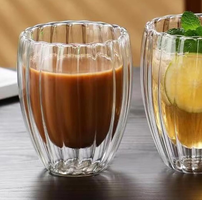Pahar perete dublu 250 ml, cu striatii, din sticla borosilicata premium termorezistenta, design modern, cana transparent cafea, cappuccino, ceai, suport de pluta inclus, transparent - Copie [6]