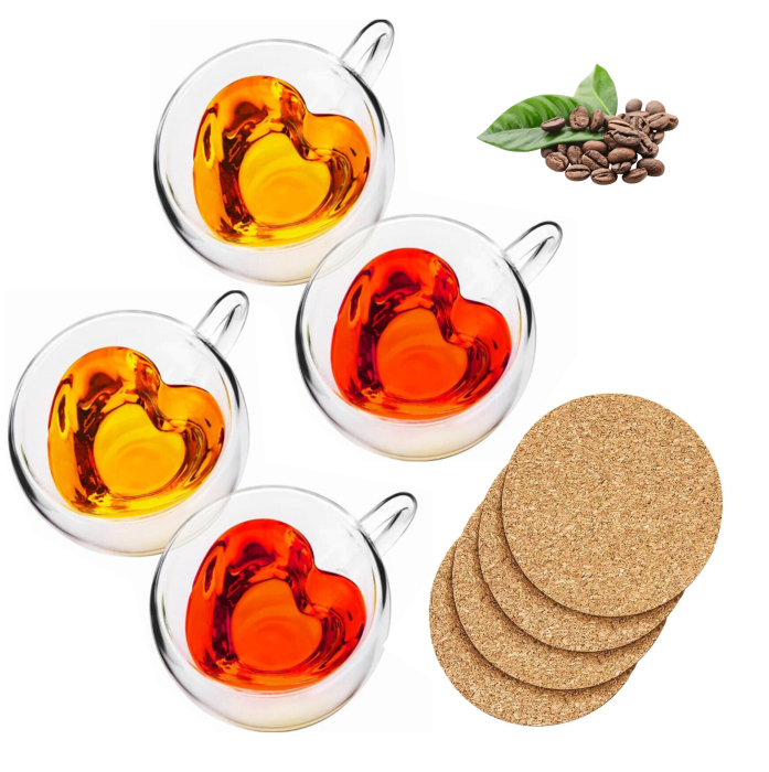 Pahar perete dublu cu maner, forma de inima, 240 ml, sticla borosilicata premium termorezistenta, design modern transparent, cana heart shape pentru cafea si ceai, rezistenta, include suport din pluta [1]