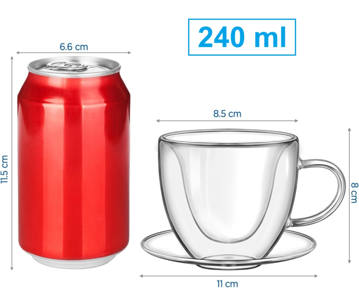 Pahar perete dublu cu maner, forma de inima, 240 ml, sticla borosilicata premium termorezistenta, design modern transparent, cana heart shape pentru cafea si ceai, rezistenta, include suport din pluta [2]