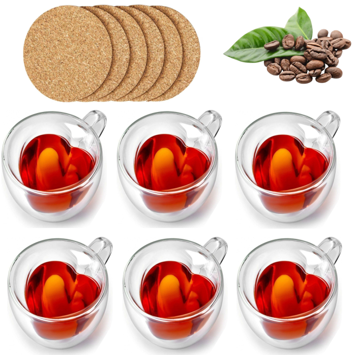 Pahar perete dublu cu maner, forma de inima, 240 ml, sticla borosilicata premium termorezistenta, design modern transparent, cana heart shape pentru cafea si ceai, rezistenta, include suport din pluta [1]