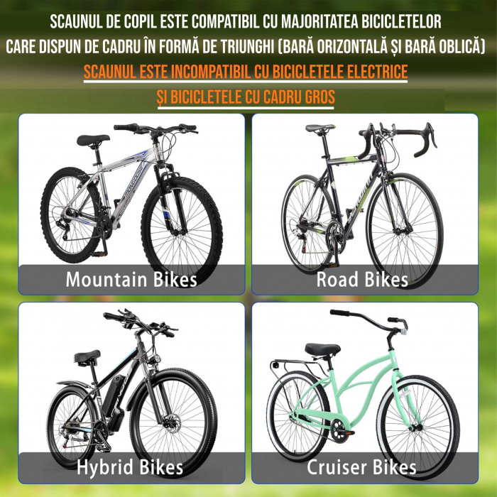 Scaun copil pentru bicicleta cu montaj pe cadru cu ghidon auxiliar pentru copil, varsta 2-5 ani, capacitate 22 kg, cu suport pentru picioare, negru [4]