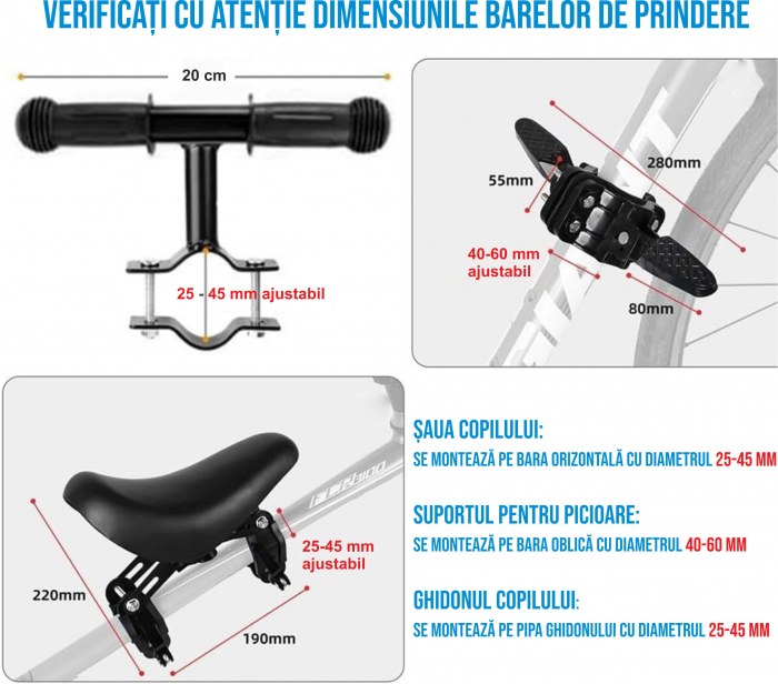 Scaun copil pentru bicicleta cu montaj pe cadru cu ghidon auxiliar pentru copil, varsta 2-5 ani, capacitate 22 kg, cu suport pentru picioare, negru [7]