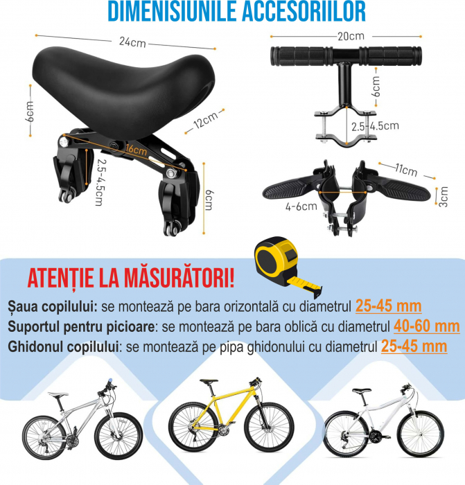 Scaun copil pentru bicicleta cu montaj pe cadru cu ghidon auxiliar pentru copil, varsta 2-5 ani, capacitate 22 kg, cu suport pentru picioare, negru [3]