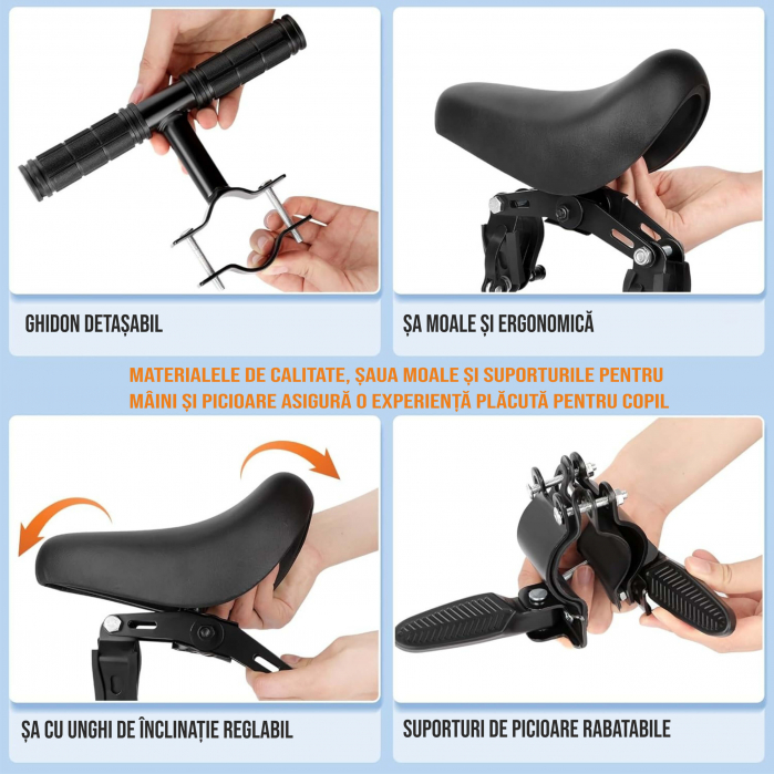Scaun copil pentru bicicleta cu montaj pe cadru cu ghidon auxiliar pentru copil, varsta 2-5 ani, capacitate 22 kg, cu suport pentru picioare, negru [9]