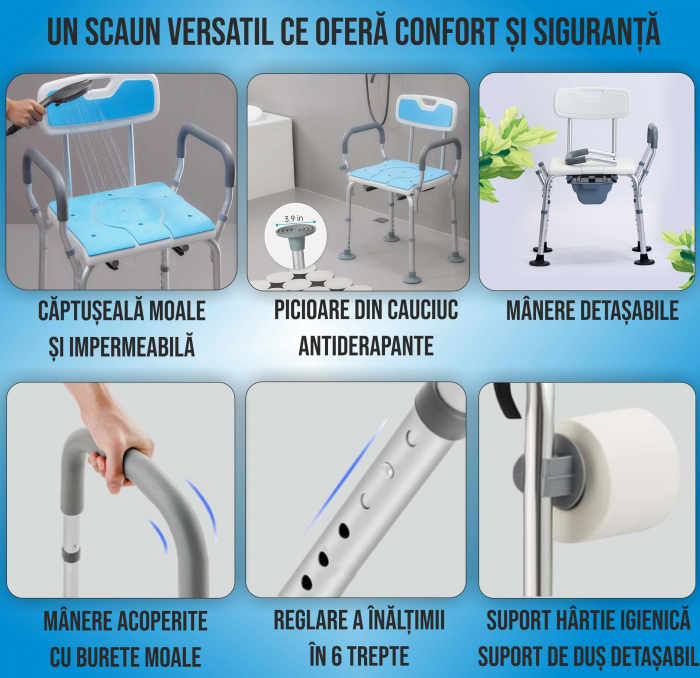 Scaun cu WC de camera, din otel si inox, cu suport hartie igienica, toaleta mobila cu inaltime reglabila, 2x vase de colectare [6]