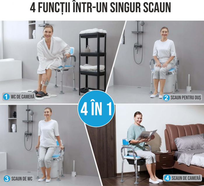 Scaun cu WC de camera, din otel si inox, cu suport hartie igienica, toaleta mobila cu inaltime reglabila, 2x vase de colectare [7]