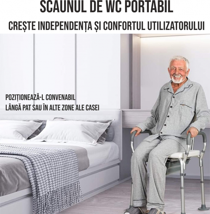Scaun cu WC de camera, din otel si inox, cu suport hartie igienica, toaleta mobila cu inaltime reglabila, 2x vase de colectare [8]