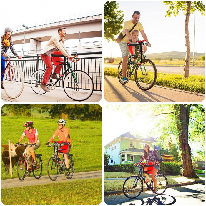Scaun de copil pentru bicicleta cu prindere pe bara orizontala din fata, centuri de siguranta, sarcina maxima 20 kg, suport picioare [29]