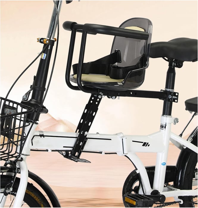 Scaun de copil pentru bicicleta cu prindere pe bara orizontala din fata, centuri de siguranta, sarcina maxima 20 kg, suport picioare, bej [9]