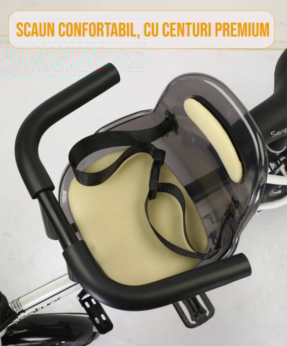 Scaun de copil pentru bicicleta cu prindere pe bara orizontala din fata, centuri de siguranta, sarcina maxima 20 kg, suport picioare, bej [7]
