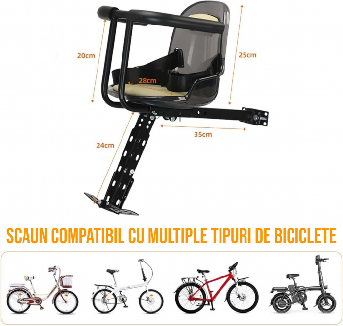 Scaun de copil pentru bicicleta cu prindere pe bara orizontala din fata, centuri de siguranta, sarcina maxima 20 kg, suport picioare, bej [2]