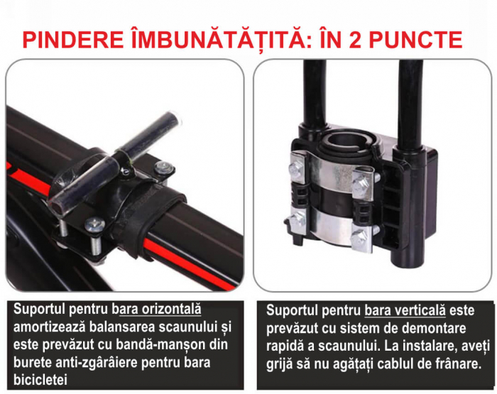 Scaun de copil pentru bicicleta cu prindere pe bara orizontala din fata, centuri de siguranta, sarcina maxima 20 kg, suport picioare [8]