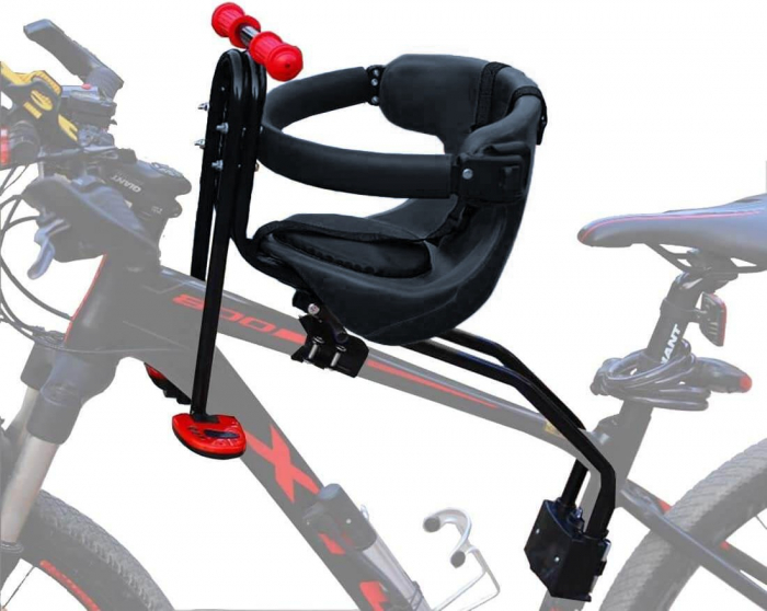 Scaun de copil pentru bicicleta cu prindere bara orizontala fata, centuri de siguranta, sarcina maxima 20 kg, suport picioare