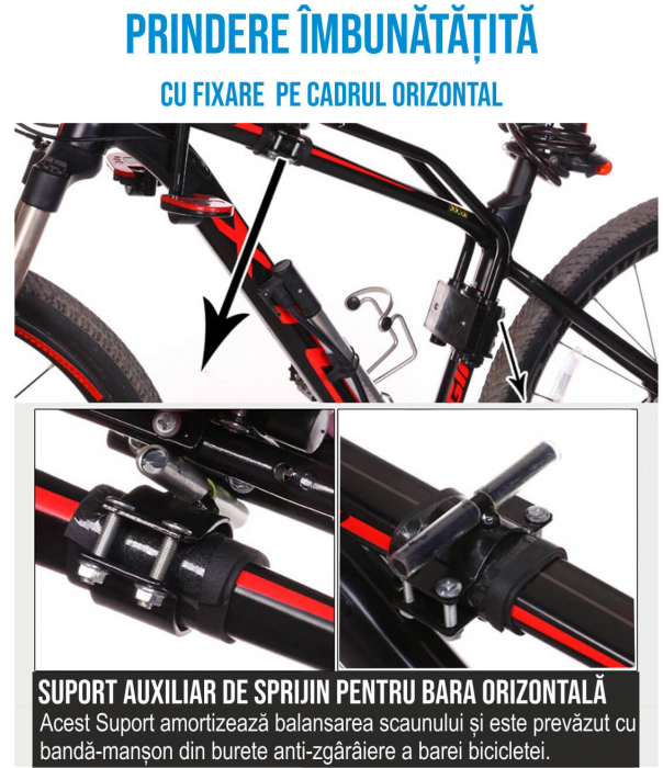 Scaun de copil pentru bicicleta cu prindere pe bara orizontala din fata, centuri de siguranta, sarcina maxima 20 kg, suport picioare [15]