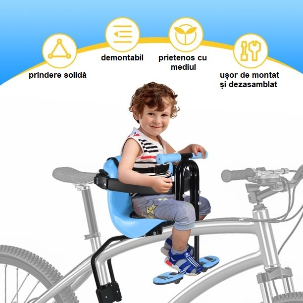 Scaun de copil pentru bicicleta cu prindere pe bara orizontala din fata, centuri de siguranta, sarcina maxima 20 kg, suport picioare [5]