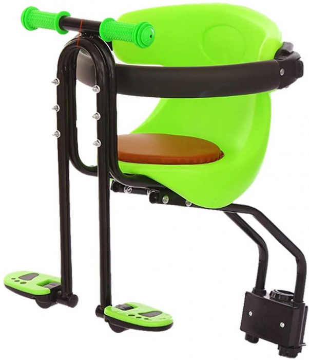 Scaun de copil pentru bicicleta cu prindere pe bara orizontala din fata, centuri de siguranta, sarcina maxima 20 kg, suport picioare, verde [1]