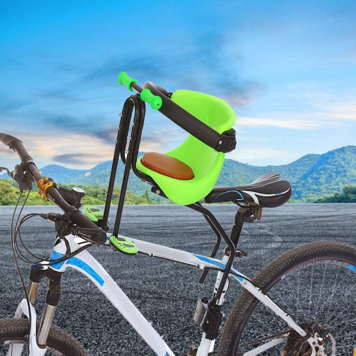 Scaun de copil pentru bicicleta cu prindere pe bara orizontala din fata, centuri de siguranta, sarcina maxima 20 kg, suport picioare, verde [8]