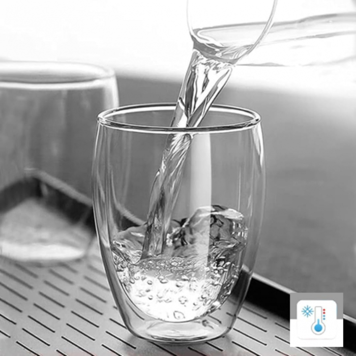 Set 2 cani pentru ceai si cafea din sticla termorezistenta transparenta, pereti dubli, 250 ml, include 2 suporturi din pluta pentru pahar [6]