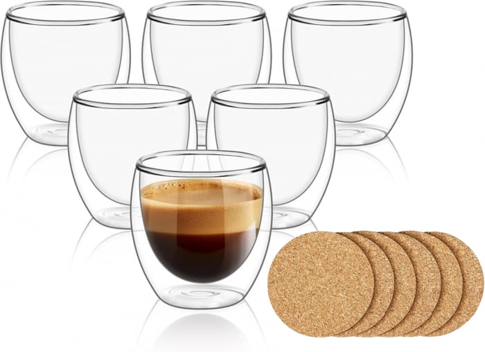 Set 2 cani pentru ceai si cafea din sticla termorezistenta transparenta, pereti dubli, 250 ml, include 2 suporturi din pluta pentru pahar [9]