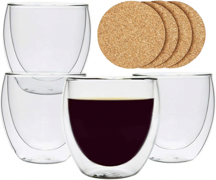 Set 2 cani pentru ceai si cafea din sticla termorezistenta transparenta, pereti dubli, 250 ml, include 2 suporturi din pluta pentru pahar [11]