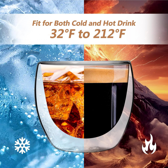 Set 2 cani pentru ceai si cafea din sticla termorezistenta transparenta, pereti dubli, 250 ml, include 2 suporturi din pluta pentru pahar [8]