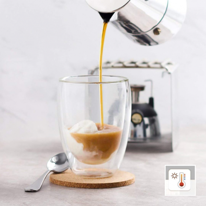 Set 2 cani pentru ceai si cafea din sticla termorezistenta transparenta, pereti dubli, 250 ml, include 2 suporturi din pluta pentru pahar [5]