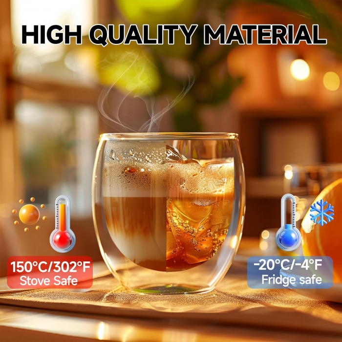 Set 2 cani pentru ceai si cafea din sticla termorezistenta transparenta, pereti dubli, 250 ml, include 2 suporturi din pluta pentru pahar [4]