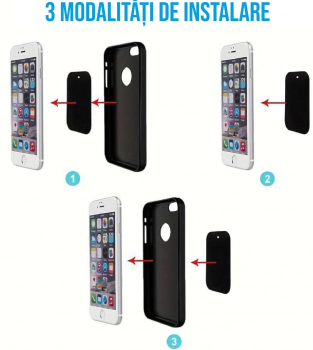 Set 4 placute metalice pentru suport magnetic de telefon, adeziv 3M, dimensiunea 4.5 x 6.5 cm, utilizare universala, negru [8]