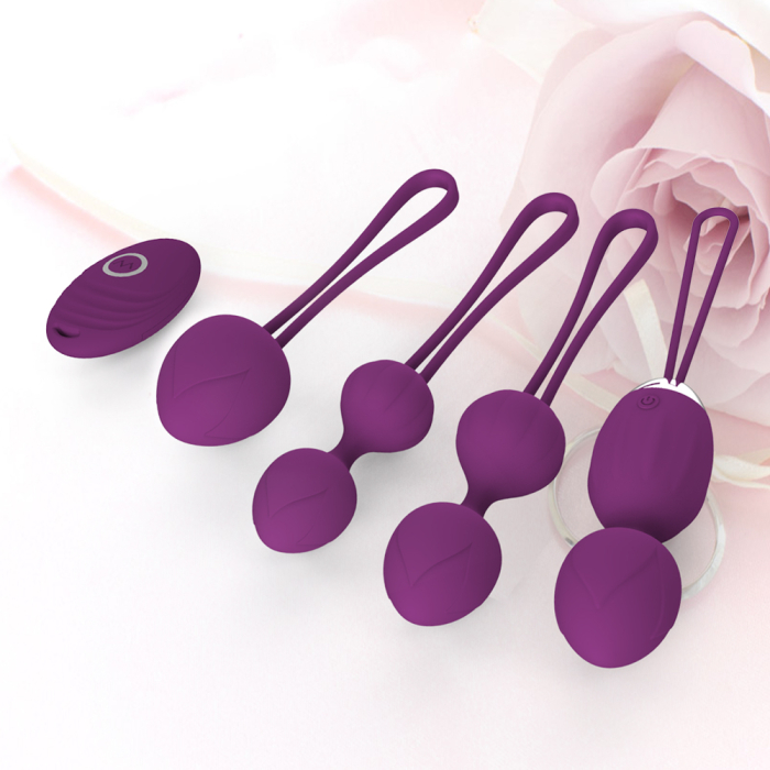 Set 4 bile Kegel vaginale din silicon medicinal, cu telecomanda, rezistente la apa, cu masca dantelata, panglica satinata de ochi, lenjerie din plasa elastica incluse [8]