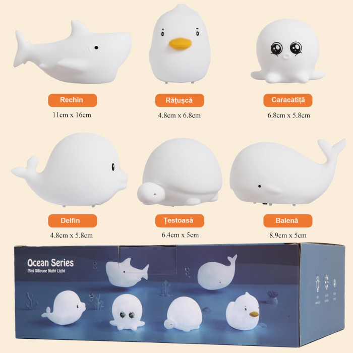 Set 6 jucarii de baie pentru bebelusi, silicon, lumini LED 8 culori, senzor touch, baterii LR44 incluse, temporizator 1 minut, alb [4]