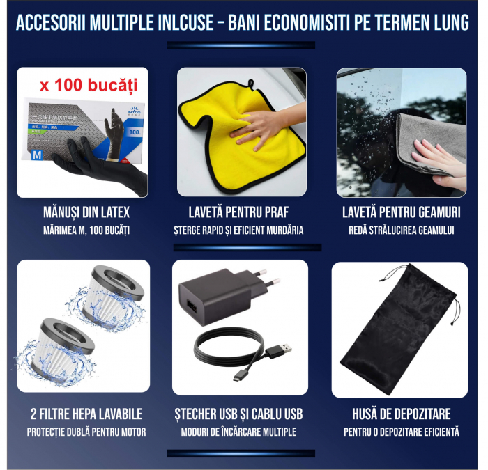 Set aspirator portabil cu suflanta aer, reincarcabil USB, 6000mAh, afisaj LED, 3 viteze, 9x capete adaptoare, 2x filtre HEPA, stecher priza USB, laveta geamuri, laveta bord auto, 100x manusi latex [2]