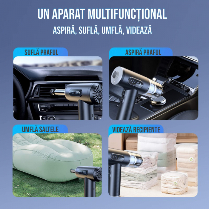 Set aspirator portabil cu suflanta aer, reincarcabil USB, 6000mAh, afisaj LED, 3 viteze, 9x capete adaptoare, 2x filtre HEPA, stecher priza USB, laveta geamuri, laveta bord auto, 100x manusi latex [3]