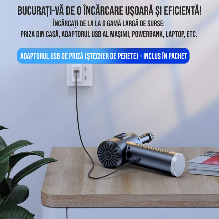 Set aspirator portabil cu suflanta aer, reincarcabil USB, 6000mAh, afisaj LED, 3 viteze, 9x capete adaptoare, 2x filtre HEPA, stecher priza USB, laveta geamuri, laveta bord auto, 100x manusi latex [4]