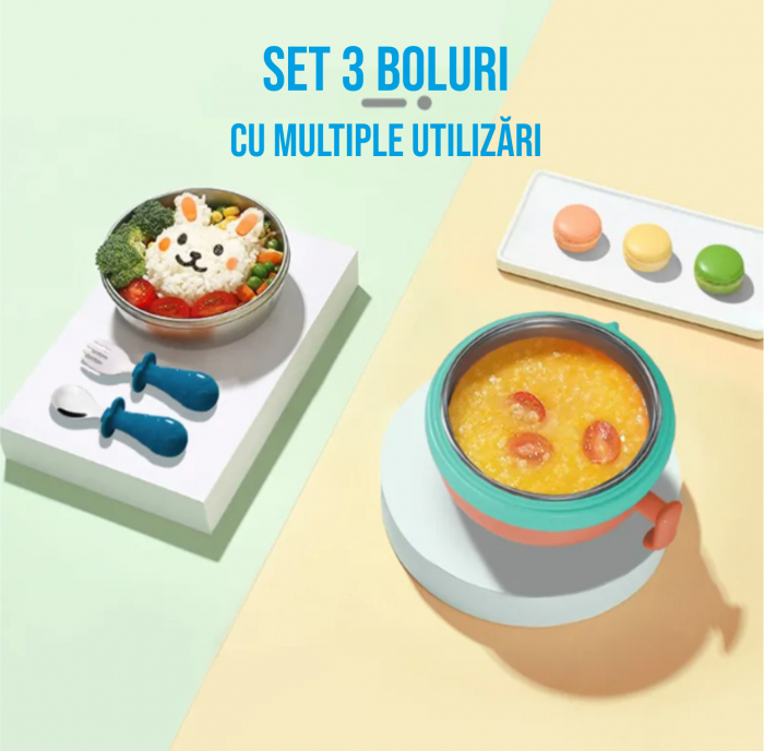 Set caserola pentru hrana copii 3 in 1, 400 ml, din plastic BPA-free si otel inoxidabil 316, bol mutifunctional pentru bebelusi (turcoaz/portocaliu) [7]