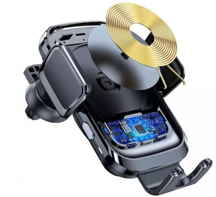 Suport auto cu incarcator wireless, Ideas4Comfort, fixare in grila de ventilatie sau ventuza de bord, cu touch sensor, universal Android si iOS, wireless charger incarcare maxim 15W [8]